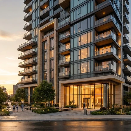 Modern condominium building at dusk